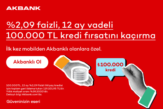 Akbanklı ol, %2,09 faizli, 12 ay vadeli 100.000 TL'ye varan kredi fırsatını kaçırma!